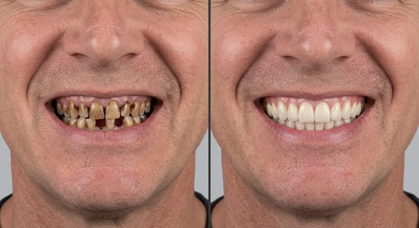 After: a complete, bright full-arch smile fixed on All-on-4 implants