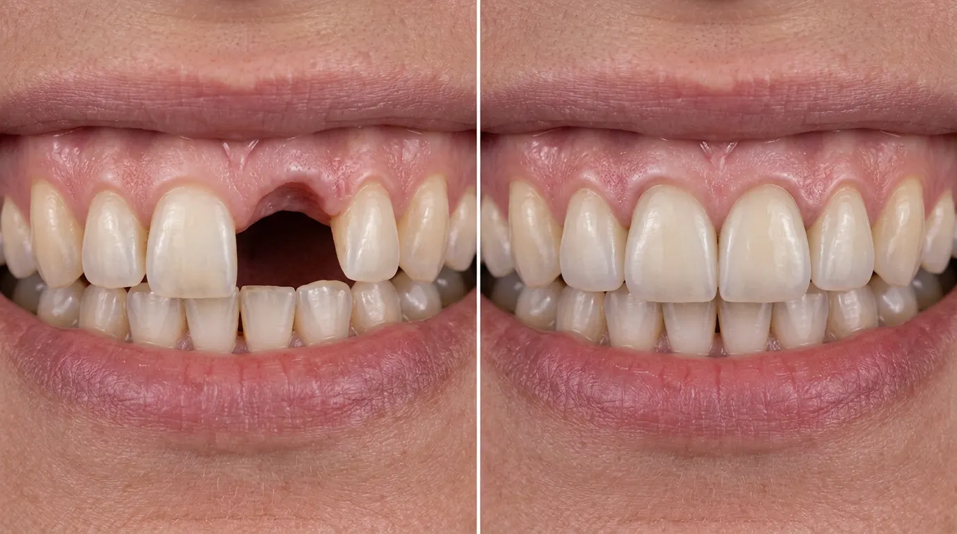 After: the gap replaced with a shade-matched dental implant crown