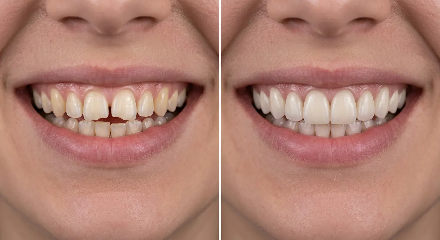 After: bright, even porcelain veneers with the gap closed