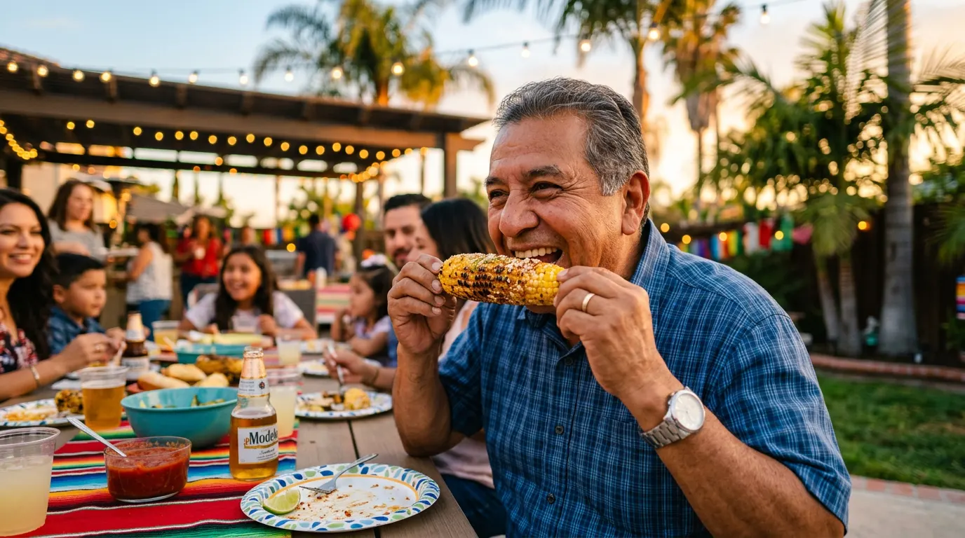 Mexican American grandfather laughing as he bites into grilled corn at a backyard family party