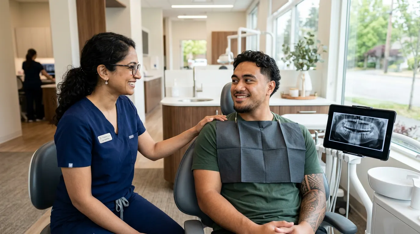 Dentist reassuring a relieved patient after same-day emergency care, with his X-ray on a tablet