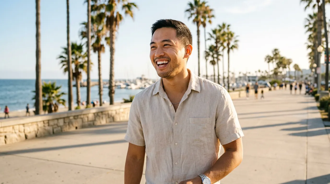 Filipino American man laughing with a bright white smile on a sunny Long Beach waterfront path