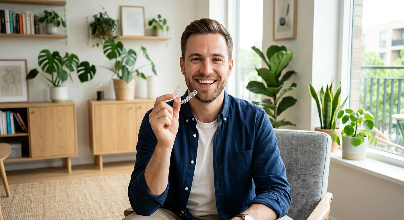 Smiling adult holding a clear aligner tray during a consultation