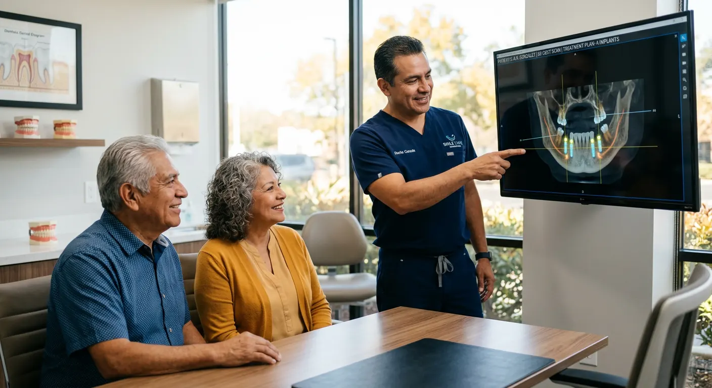 Dentist pointing to a 3D implant treatment-plan scan on a screen while an older couple smiles