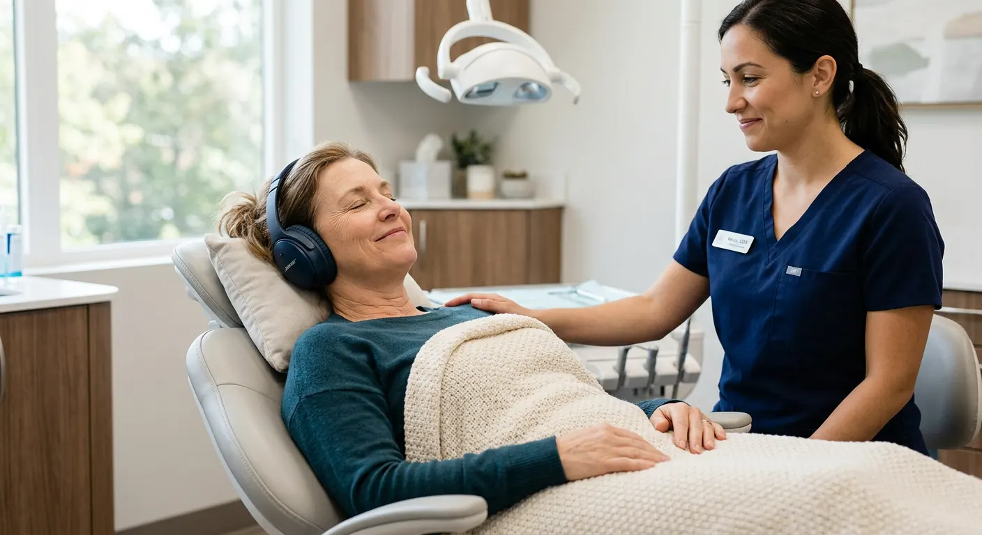 Relaxed patient wearing headphones and covered with a warm blanket while a caring team member reassures her