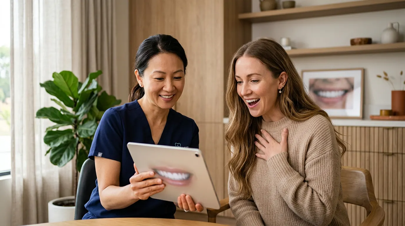 Patient smiling as she reviews her porcelain veneer smile design with a dental team member